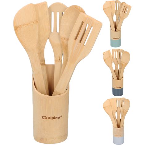 Set 6 Utensili da Cucina in Bambù Lunghezza 30 cm Antigraffio Colori Assortiti