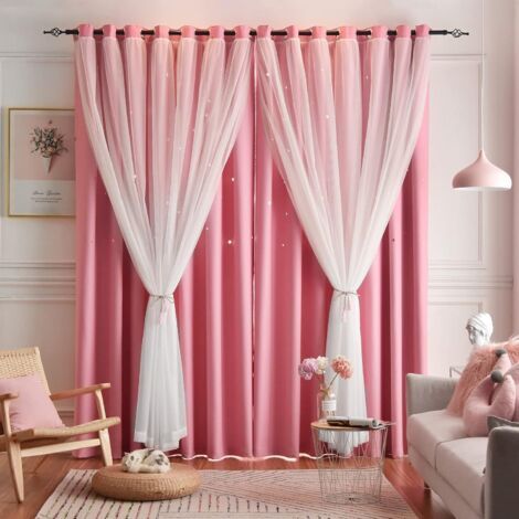 Tende a due pannelli, a doppio strato, con motivo a stelle traforate, oscuranti, 100 x 250 cm, rosa, adatte per soggiorno e camera da letto. (1/5)