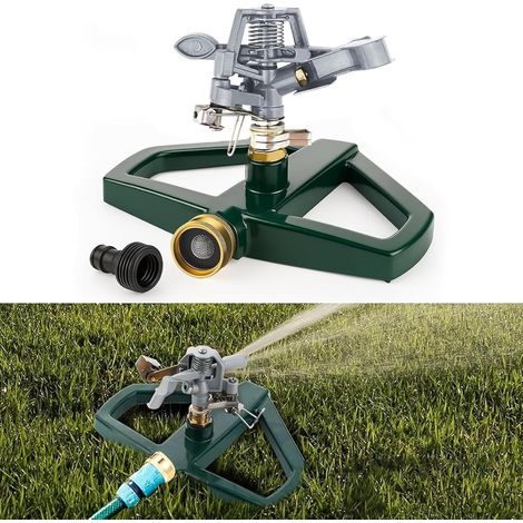 Arroseur de pelouse avec base en métal, arroseur de pelouse rotatif à 360° pour de grandes surfaces - Système d'irrigation pour plantes, arrosage du jardin - Raclette à gazon (argent) (1/5)
