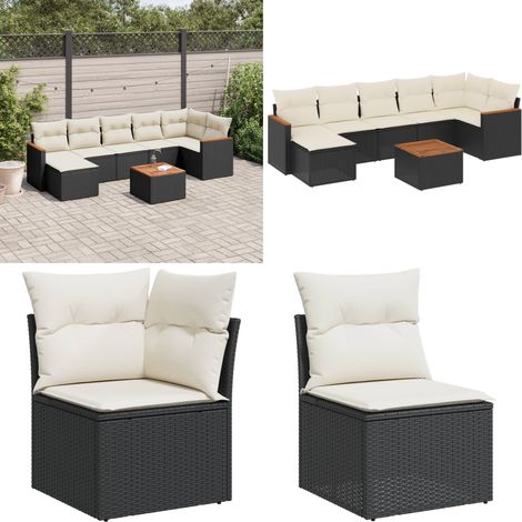 Salon de jardin 8 pcs avec coussins noir résine tressée - Ensemble Salon De Jardin - Mobilier De Jardin - Canapé Extérieur - Chaise Extérieure - Table Basse Jardin - Home & Living (1/5)