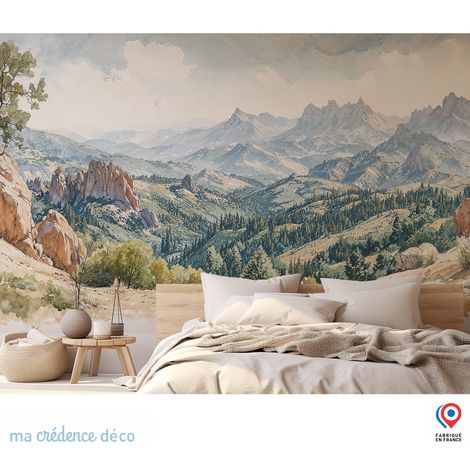 Papier peint : Rochers, forêt et montagnes, Aquarelle - Intissé - L.300 x H.280 cm (1/4)