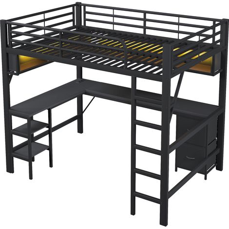 Metall-Hochbett 140 x 200 cm mit Schreibtisch, Regalen, Schrank, USB und LED, schwarz (1/5)