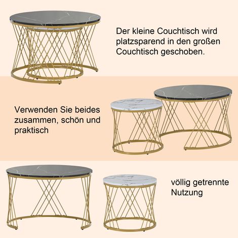 Set de 2 tables gigognes modernes, table basse ronde en placage marbre, table d'appoint avec cadre doré, meuble salon élégant, table de canapé en métal doré, lot de tables nichées. (1/5)