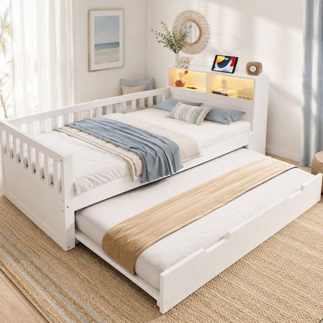 Multifunktionsbett 90 x 200 cm mit Ausziehbett, Stauraum, LED, USB- und Typ-C-Anschluss, weiß (1/4)