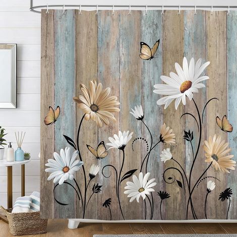 Rideau de Douche Fleurs Marguerite Papillon Beige Blanc 180x200cm (1/5)