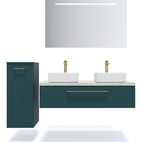 Meuble de salle de bain suspendu 2 vasques à poser 120cm 1 tiroir Bleu + miroir + colonne ouverture gauche - Glasgow (1/5)