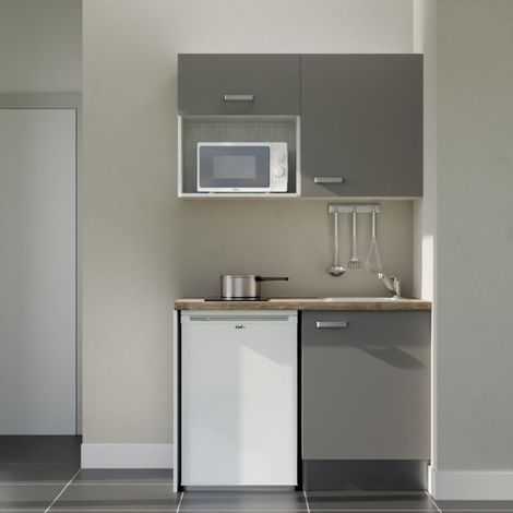Kitchenette K07 Gris - Plan de travail Bois - Crédence : Non - Evier Inox