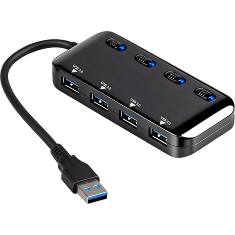 USB 3.0 Hub mit mehreren Anschlüssen, ultradünnes Design mit separaten Ein-/Ausschaltern und LED-Anzeigen, kompatibel mit PC, Mac und USB 2.0, leicht zu verstauen und zu transportieren