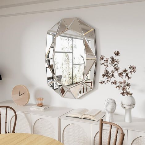 Luvodi – Miroir mural biseauté argent 100x72cm – Cadre en verre biseauté – Fixation murale – Pour salon, chambre, entrée (1/3)
