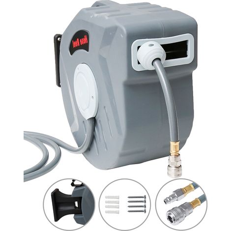 TolleTour 20+2m Druckluft Schlauchtrommel automatik Druckluft Schlauchaufroller 1/4" Zoll Anschluss Automatik Schlauchaufroller für Wandmontage Grau