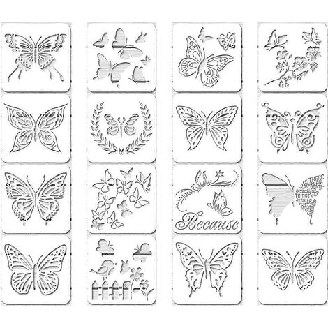 16 gabarits de papillons réutilisables, modèles de peinture à motifs de papillons, compatibles avec la peinture, décoration murale DIY, 15 x 15 cm (1/5)