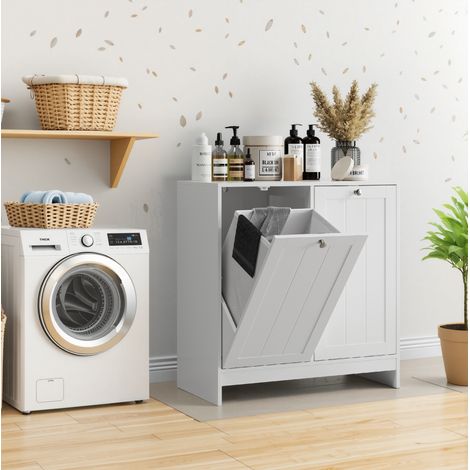 Meuble range-linge blanc en MDF et panneaux de particules avec paniers amovibles et protection anti-basculement (1/5)