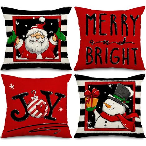 Fundas de almohada navideñas de 45 x 45 cm, alegres y coloridas, con un diseño retro de Papá Noel y muñeco de nieve, ideales para sofás, juego de 4. (1/5)