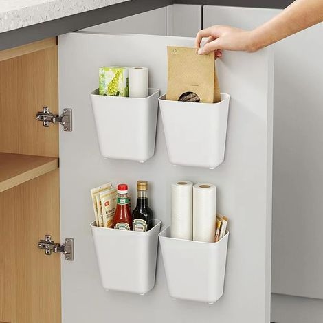 4 pièces de boîtes de rangement pour portes de placards de cuisine, boîtes de rangement adhésives au mur, boîtes de rangement multifonction pour placards/salle de bain/frigo (1/5)
