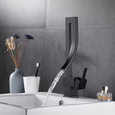 Robinet de Lavabo à Cascade, Cuivre Massif Noir, Rotatif, Mitigeur Eau Froide et Chaude, Style Européen Moderne (1/5)