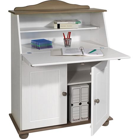 Idimex – Bureau assis debout taupe/blanc – Dimensions 117x82x38 cm – Fabriqué en pin massif – Tablette rabattable avec charnières