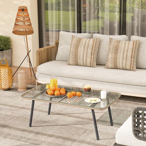 Table basse de jardin avec plateau verre trempé 5 mm. table d'appoint pour extérieur. cadre en acier. effet bois naturel