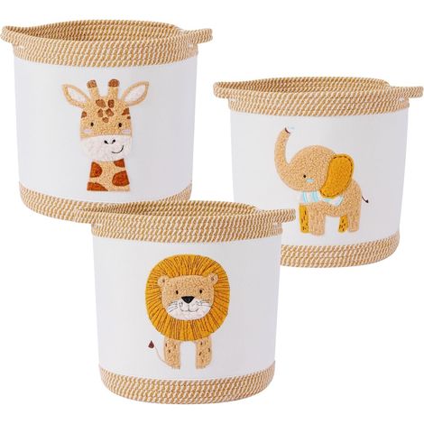 Paniers de jouets pour bébés tissés en 3 pièces, paniers à linge, organisateur de chambre d’enfant pliable pour jouets, Ensemble panier de rangement pour jouets avec motif lion, girafe, éléphant jaune (1/5)
