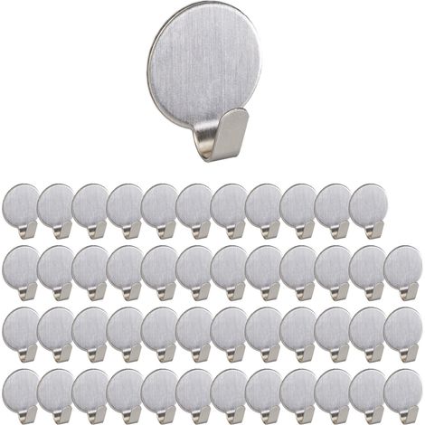 Relaxdays 48x Adhesive Towel Hooks, Round, Stainless Steel, Matt, No Drilling, Bathroom & Kitchen, 2.5x2x1.5 cm, Silver