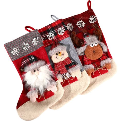 Ensemble de 3 bas de Noël vintage : Père Noël, bonhomme de neige, renne, grand personnage de Noël (1/5)
