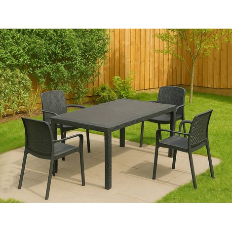 Dmora - Set salotto da esterno Lograto, Salottino outdoor e indoor, Tavolo rettangolare fisso con 4 sedie impilabili, Made in Italy, Antracite (1/3)