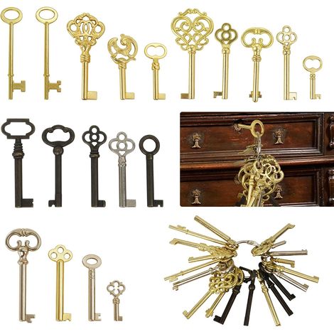 Lot de 19 clés squelettes universelles de rechange pour vieux meubles vintage, meubles anciens, portes d'armoire, horloges de grand-père, armoires ou portes de style ancien (1/5)