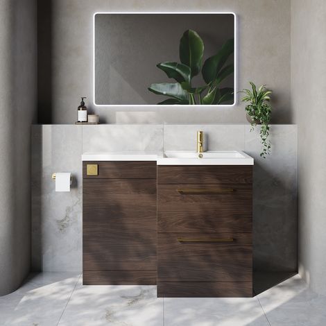 Napoli 460 Brown Oak 1100mm 2 Drawer Vanity Unit Toilet Suite with Right Hand Square Lucia Basin - 1100mm - Brushed Brass 320mm HandleWithout Kingston Toilet Pan