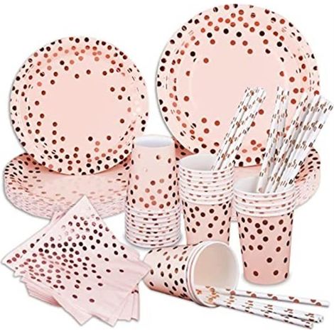 24 pièces vaisselle jetable anniversaire, or rose, assiettes tasses serviettes pailles, fête enfants mariage baby shower