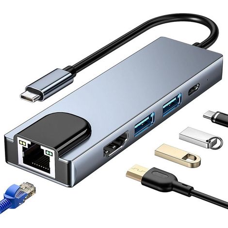 Adaptateur multiport USB C avec une conception 5 en 1 comprenant un port HDMI, un port Ethernet, un port USB 3.0/2.0 et une fonction de charge PD de 100 W, compatible avec MacBook Pro/Air, iPad Pro, i