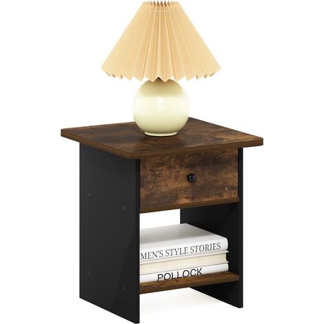 Étagère de Rangement Chevet/Table de Nuit avec Tiroir-Poubelle, Engineered Wood, Pin Ambré/Noir, Paquet de 1 (1/5)