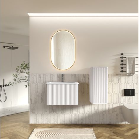 Meuble de salle de bain avec vasque 60 cm, miroir LED et colonne, blanc DESVIAE (1/5)