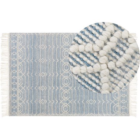 Alfombra de lana azul blanco 160 x 230 cm algodón a mano geométrico borlas Orhaneli