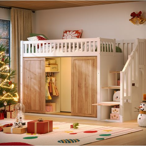 Lit mezzanine 90 x 200 cm enfant en bois blanc et marron avec grand rangement et escalier (1/5)