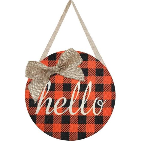 Panneau De Bienvenue En Bois - Motif Tartan Orange Et Beige - Accroche Porte Ou Mur - Décoration Intérieure Extérieure - 1 Pièce (1/5)