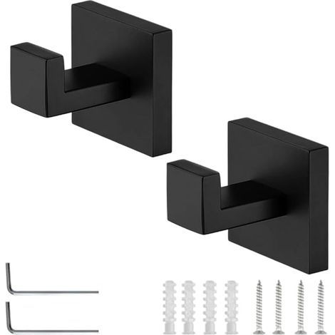 Lot de 2 Crochet Salle de Bain à Percer, Patère Murale Noir Mat en Acier Inoxydable 304, Montage Caché avec Socle Carré et Outils d’Installation, pour Salle de Bain, Cuisine, Bureau (1/5)