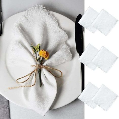 Lot de 6 Serviettes de Table Tissu, Serviette Tissu avec Franges, Lavable et Réutilisable Serviette Gaze de Coton 45cm pour Mariage, Hôtels, Restaurants, Evénements et Fêtes(Blanche)