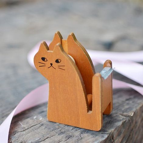Dispensador de cinta adhesiva, Cortador de cinta adhesiva de madera vintage con forma de gatito, Negro (1/5)