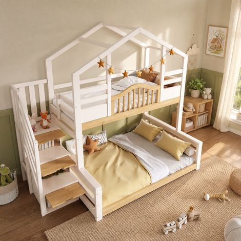 Haus-Etagenbett für Kinder 90x200/140x200 mit Treppe und Stauraum HAVRYA (1/5)