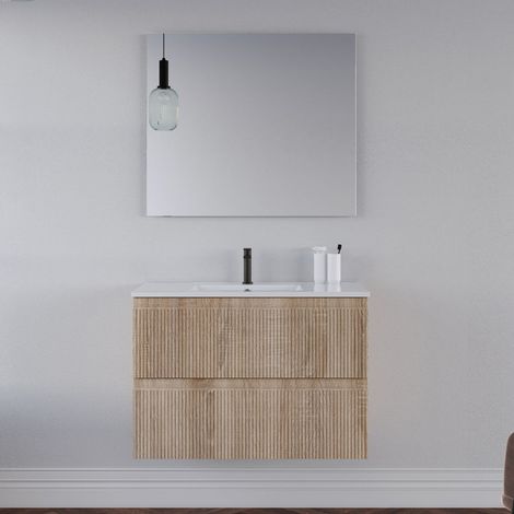 Meuble de salle de bain 70cm avec plan simple vasque - 2 tiroirs - cambrian (chêne clair) - RIBERA (1/5)