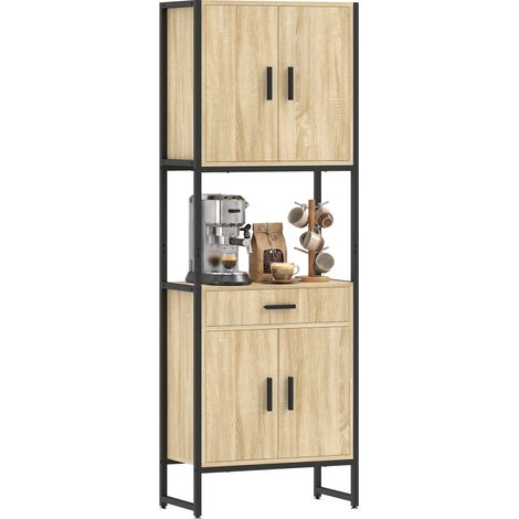 Buffet Haut Cuisine, Armoire de Cuisine, 4 Portes à Fermeture Douce, Tiroir, Plan de Travail, 60x30x170cm, Bois Naturel (1/5)