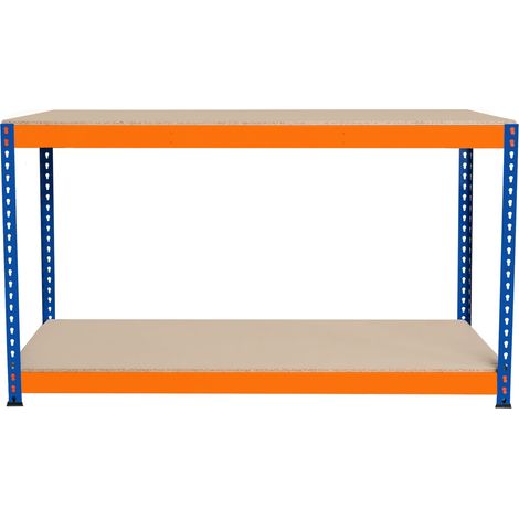 Banco da Lavoro Garage 150x45x90cm - 2 Ripiani, Acciaio Rinforzato, 300kg/Ripiano, Montaggio Senza Bulloni, Layout Regolabile, Piedini in Gomma, 2 Barre di Supporto