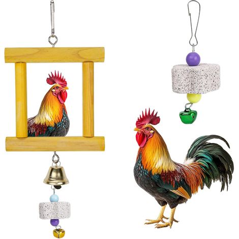 3pcs Jouets pour Poulailler, Miroir Poules & 2 Pierres à Aiguiser Miroir Suspendu Bois Poussins avec Clochette Jouet à Picorer Accessoires pour Poules Oiseaux Perroquets (1/5)