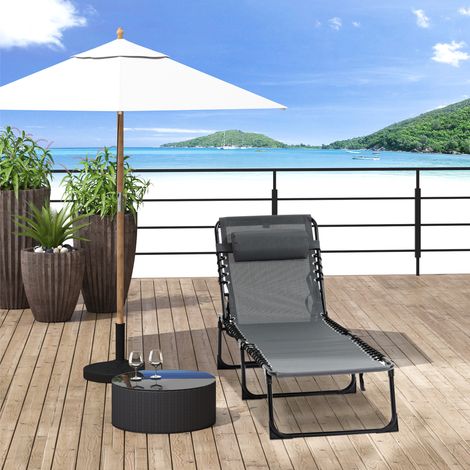 Outsunny Chaise longue pliable bain de soleil transat de relaxation dossier inclinable 5 niveaux tétière amovible pochette latérale intégrée revêtement textilène acier dim. 189 x 58 x 30 cm gris