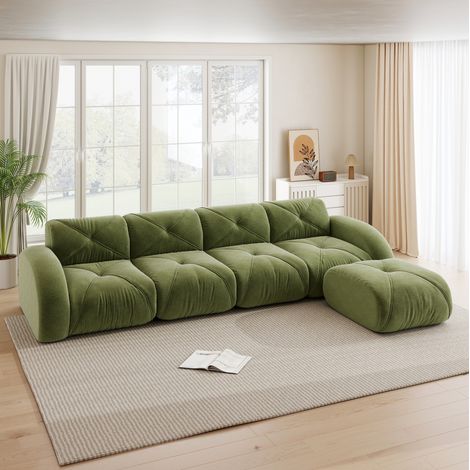 Sofá de esquina en L modular de 4 plazas en chenilla verde, 358 x 171 x 76 cm (1/5)