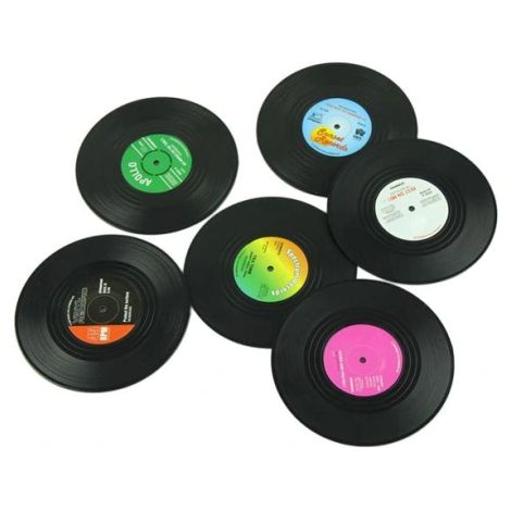 Dessous de verre vinyle style disque, lot de 6 coasters ronds isolants pour café (1/4)
