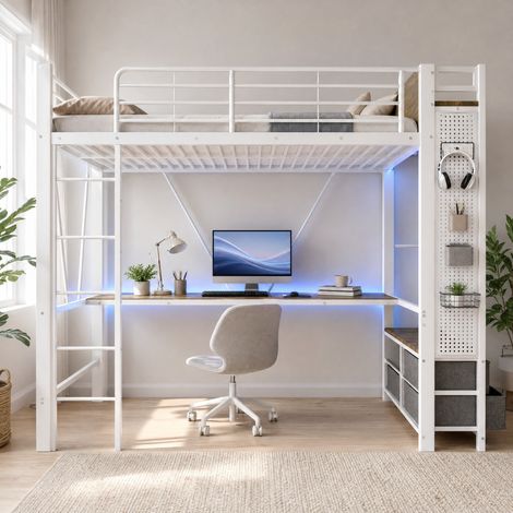 Hochbett 90x200 cm Weiß aus Metall und MDF mit Schreibtisch, LED, USB-C und Stauraum (1/5)
