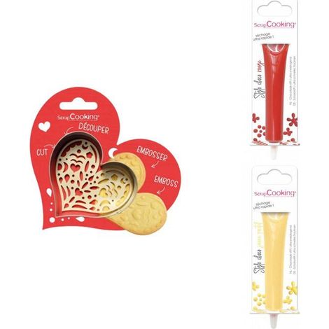 Kit pour biscuit en relief Coeur + 2 Stylos au chocolat rouge et jaune pastel (1/3)