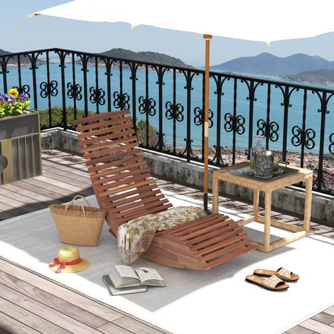 Chaise Longue à Bascule en Bois d'Acacia Conception à Lattes Butées de Fond Charge Max 160KG Transat Ergonomique Naturel (1/3)