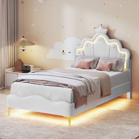 Lit enfant 90x200 cm – Tête de lit couronne – Éclairage LED RGB tactile – Hauteur réglable en cuir PU – Idéal chambre de fille – Blanc (1/5)