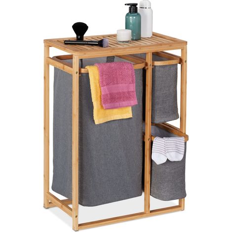 Relaxdays Scaffale Portabiancheria, 3 Cesti Estraibili in 2 Dimensioni, 70x50x30,5 cm, bambù e Poliestere, Natura Grigio, 70 x 50 x 30,5 cm (1/5)